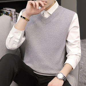 秋季新款衬衫领针织衫毛线衣假两件男士带领v领潮流韩版修身毛衣