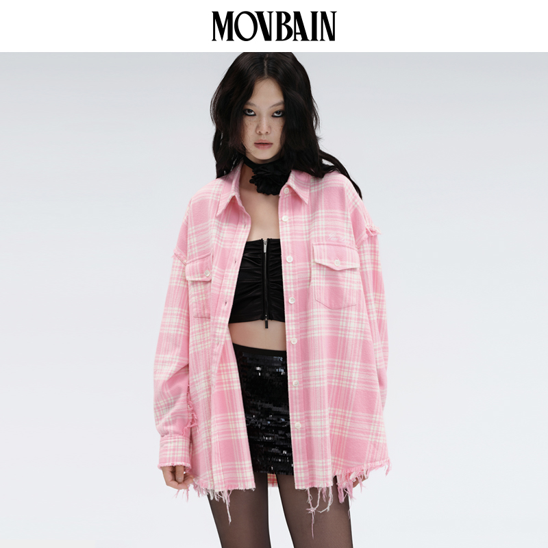 MOVBAIN粉色格纹不规则水洗毛边衬衫 宽松外套上衣