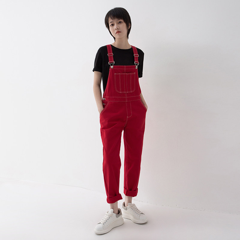 背带裤女红色宽松