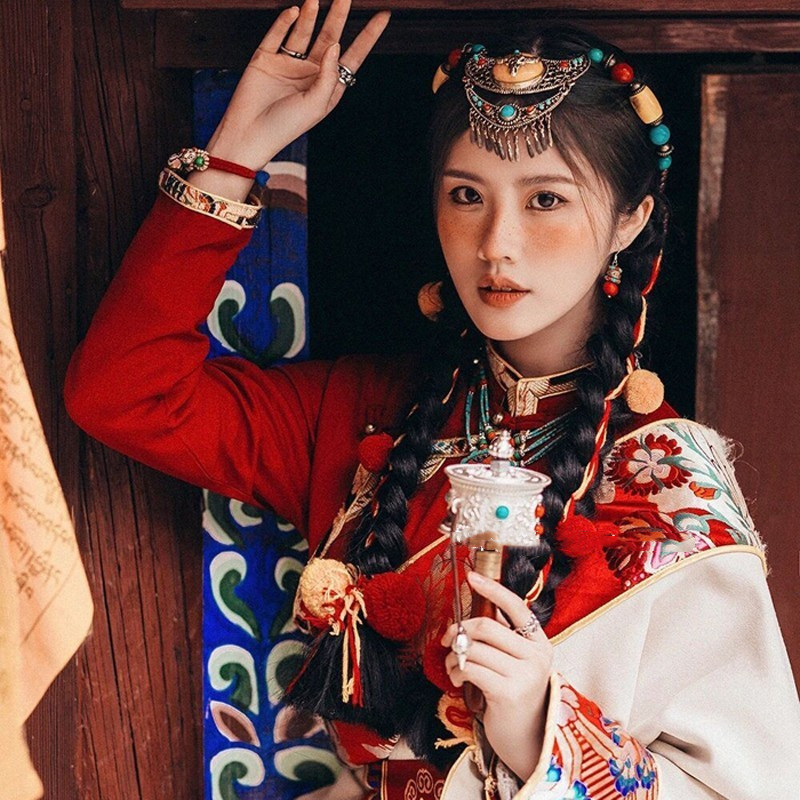 藏族头饰女藏式演出民族舞蹈女蒙古族串珠珠手工演出舞蹈服装配