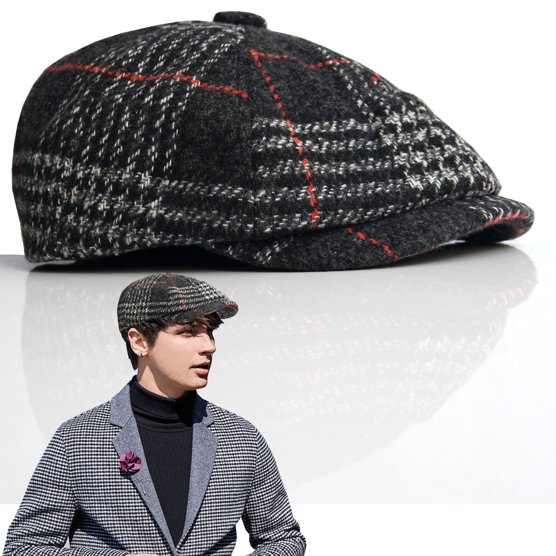 鸭舌帽男士千鸟格秋冬季羊毛线英伦复古报童帽保暖中老年前进帽子