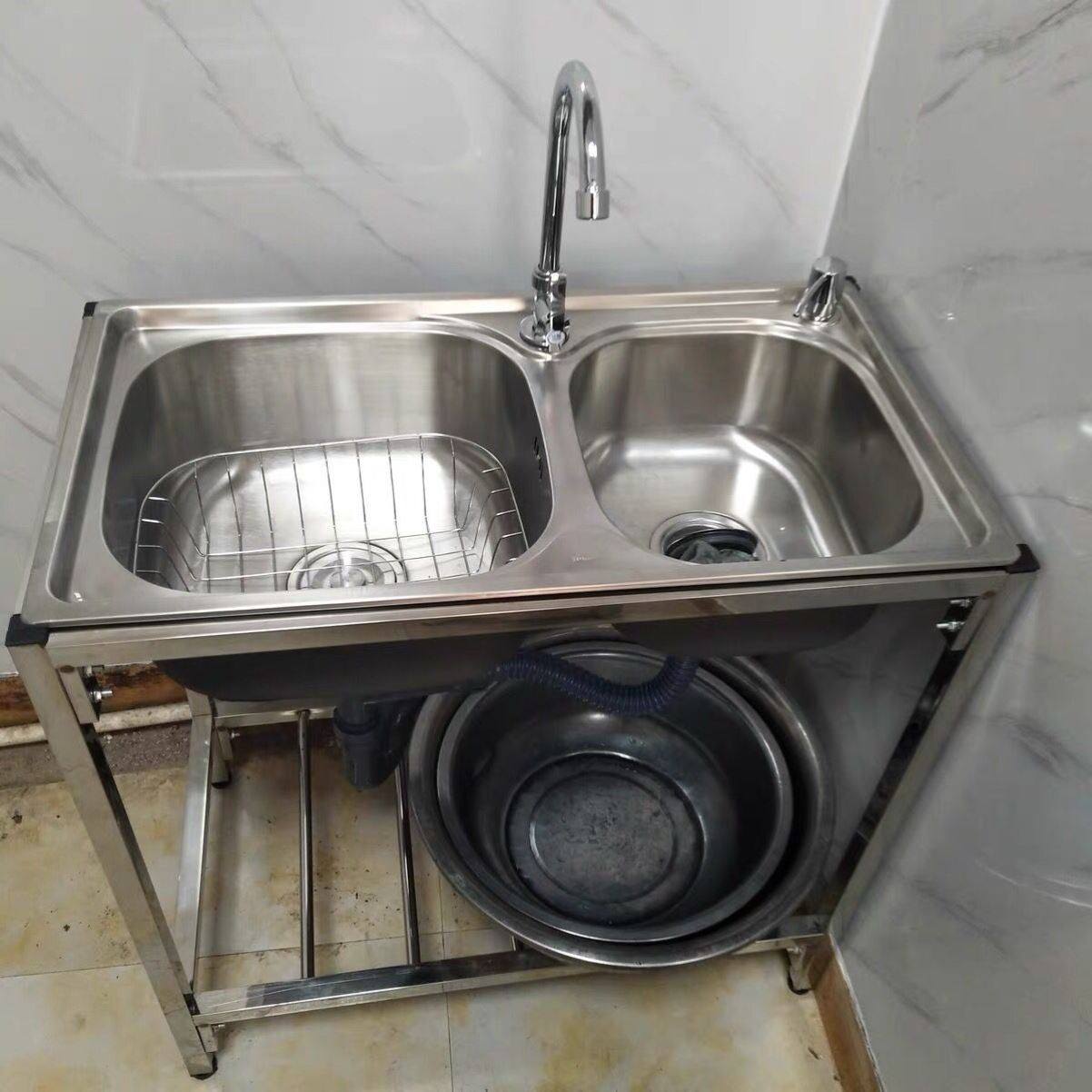 不锈钢简易水槽厨房洗菜盆双槽水池家用洗碗槽带支架洗手盆池架子