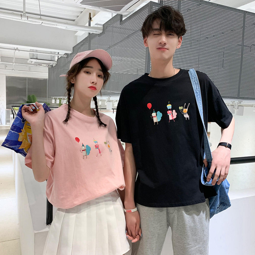 2019夏装情侣装港风简约印花短袖t恤男女上衣班服8802p35 女类目
