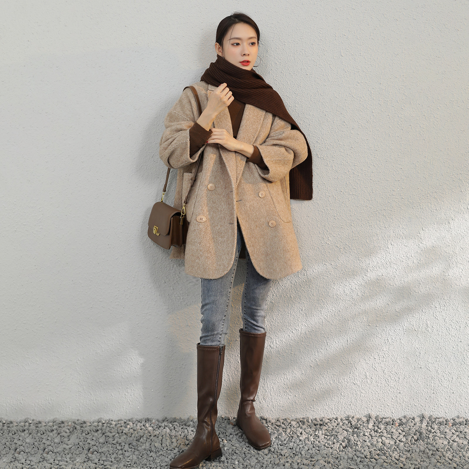 咖色双面羊绒大衣短款女2021年新款毛呢西装外套小个子高端秋冬季