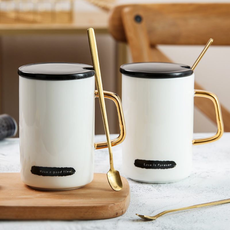 陶瓷杯烫金纯色马克杯欧式创意咖啡杯带盖勺家用情侣喝水泡茶杯子