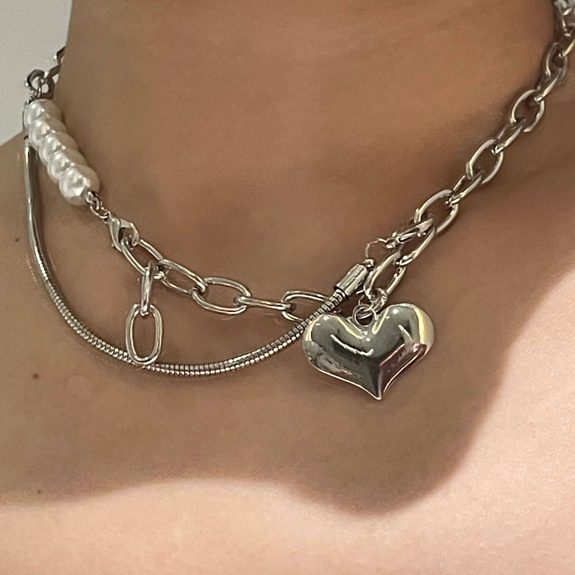 mmhs ins冷淡风不对称小众设计感珍珠爱心桃心简约短款项链锁骨链