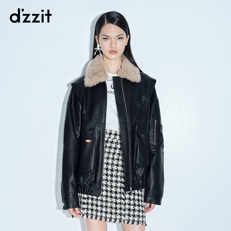 【薇娅推荐】dzzit地素2020冬新款黑色毛领机车皮夹克女3c4f4991a