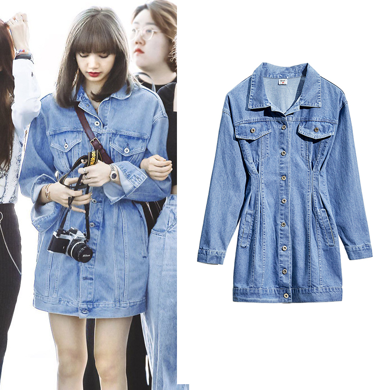 一折裙子青春_青春有你2lisa同款牛仔显瘦韩版长袖blackpink连衣裙