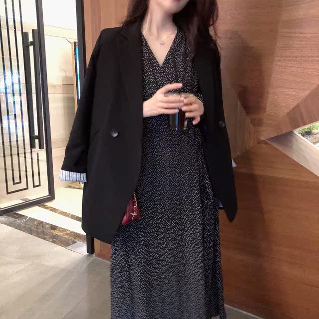 秋冬韩国风休闲套装气质宽松黑色小西服两件套女装波点连衣裙长裙