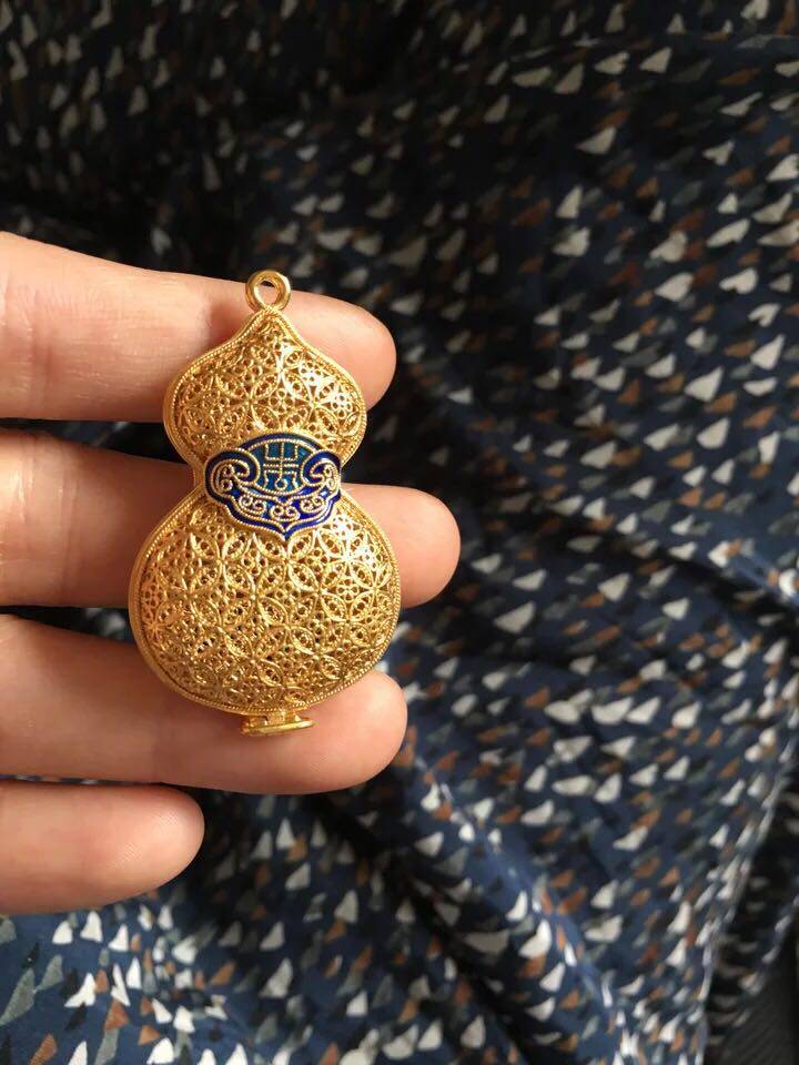 纯手工花丝镶嵌925银镀金如意葫芦香囊吊坠