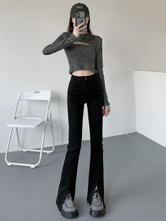 黑色开叉微喇叭牛仔裤女2024年新款夏季高腰修身显瘦小个子拖地裤