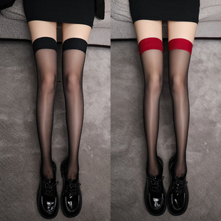 黑丝红边性感女春秋薄款蕾丝大腿过膝袜纯欲长筒袜子黑色长筒丝袜