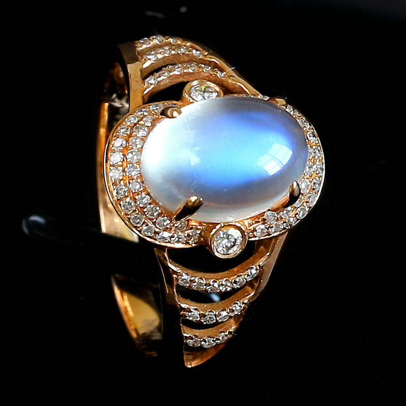 奢华高贵 极美蓝光 天然顶级冰种月光石戒指 18k金镶钻石