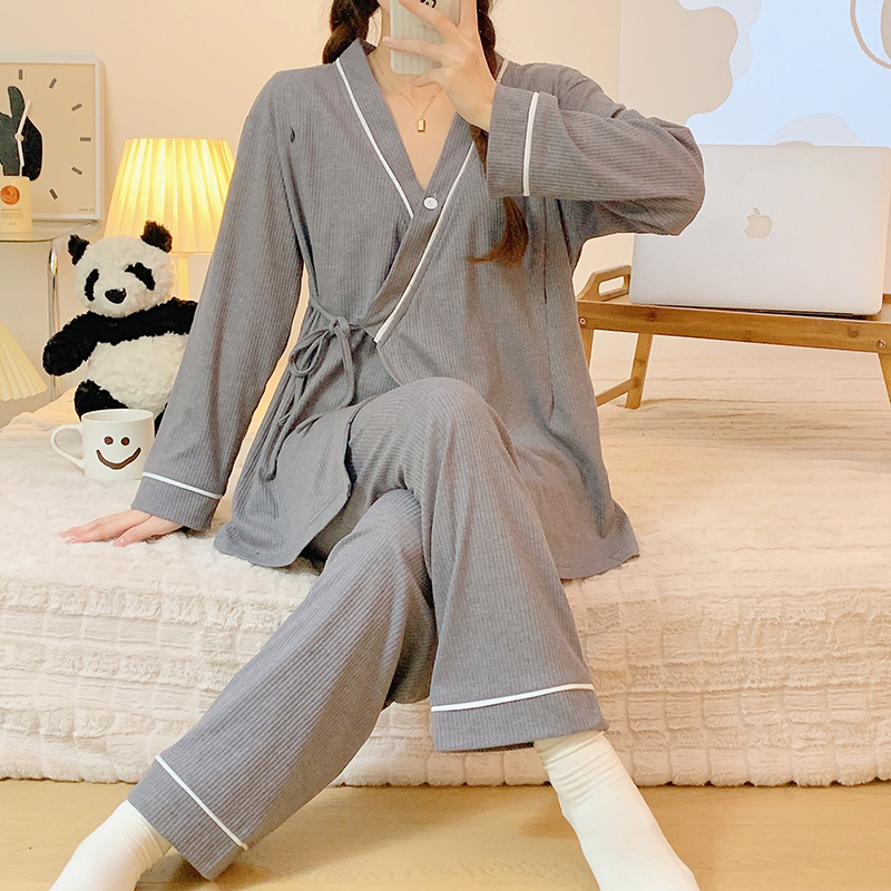 春夏天纯棉月子服产后哺乳期3月份4怀孕期和服系带睡衣产后喂奶装