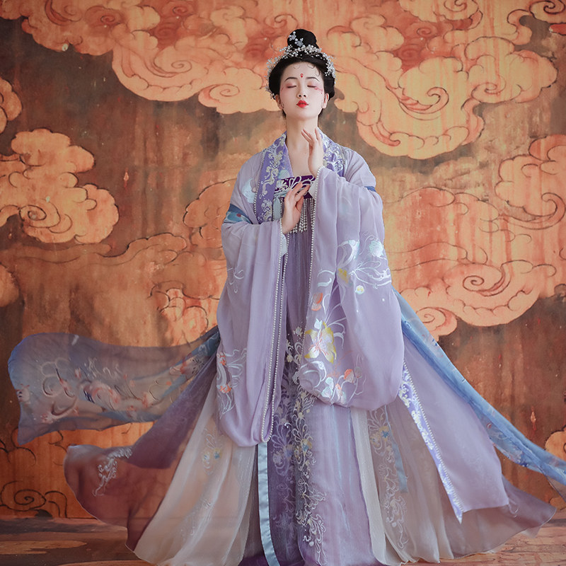 华姿仪赏鲛绡纱紫色原创正品重工刺绣齐胸约7米摆破裙春夏汉服女