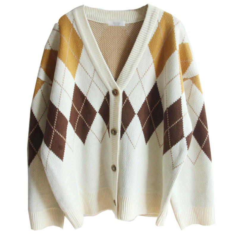 秋冬季英伦风格子毛衣外套女韩版宽松百搭学生外穿v领针织衫开衫