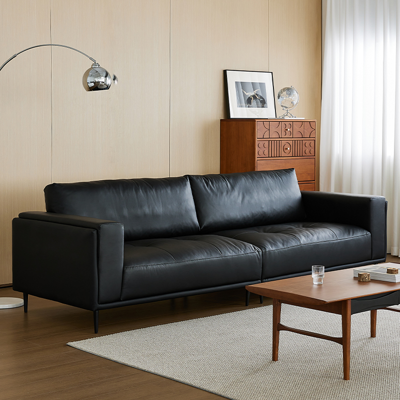 美式轻奢黑色真皮沙发客厅北欧意式极简表情头层牛皮直排双人沙发