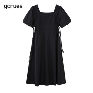 gcrues黑色方领连衣裙女短袖2024夏季新款抽绳系带中长款裙子韩版