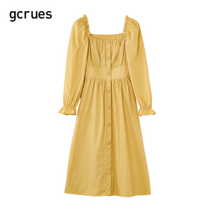 gcrues法式方领中长款连衣裙2024春夏季女装小个子高腰显瘦裙子