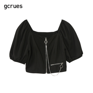 gcrues短款方领衬衫女设计感春夏新款甜飒风上衣显瘦黑色小衫洋气