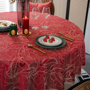 红色喜庆结婚圆桌布新年节日装饰餐桌布婚礼装饰花边圆形茶几台布