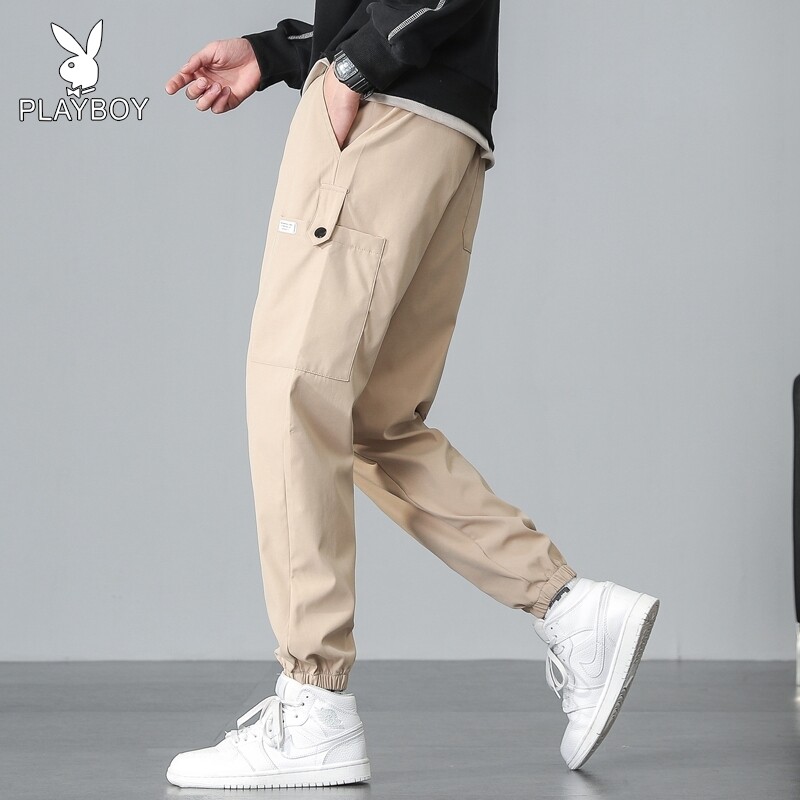 花花公子卡其色裤子男潮流百搭宽松夏季薄款休闲工装裤男士九分裤