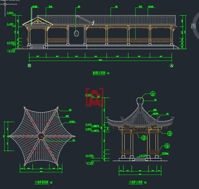 徽派施工图中式廊檐六角亭全套长廊休息游廊亭子设计素材