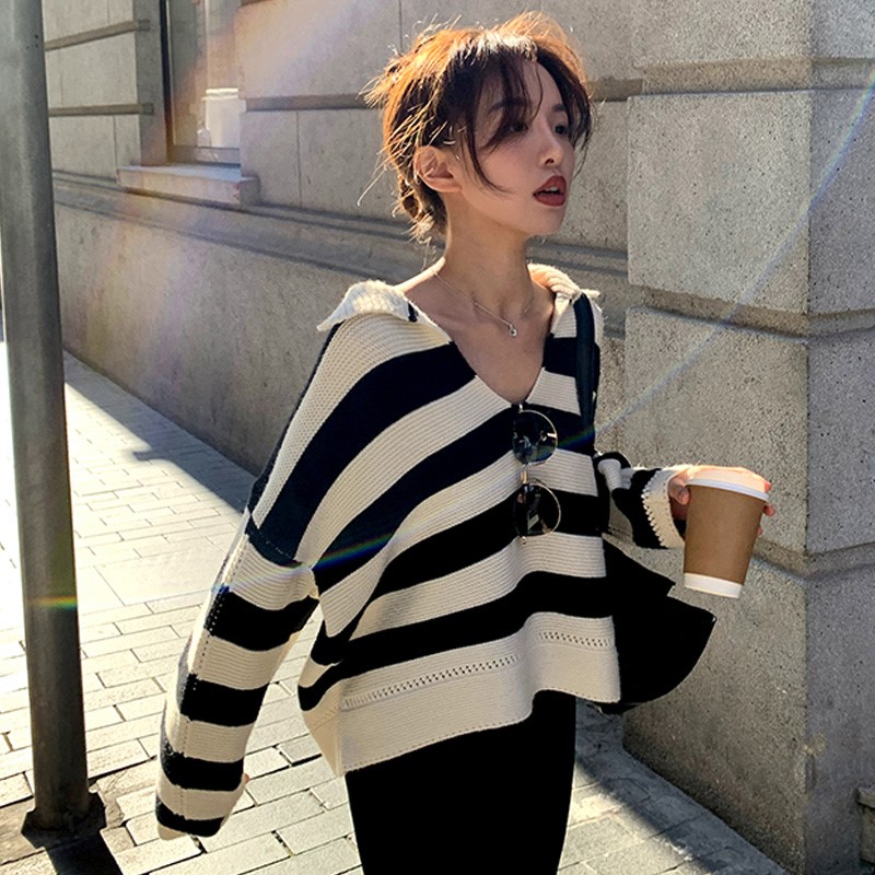 黑白条纹针织衫女长袖