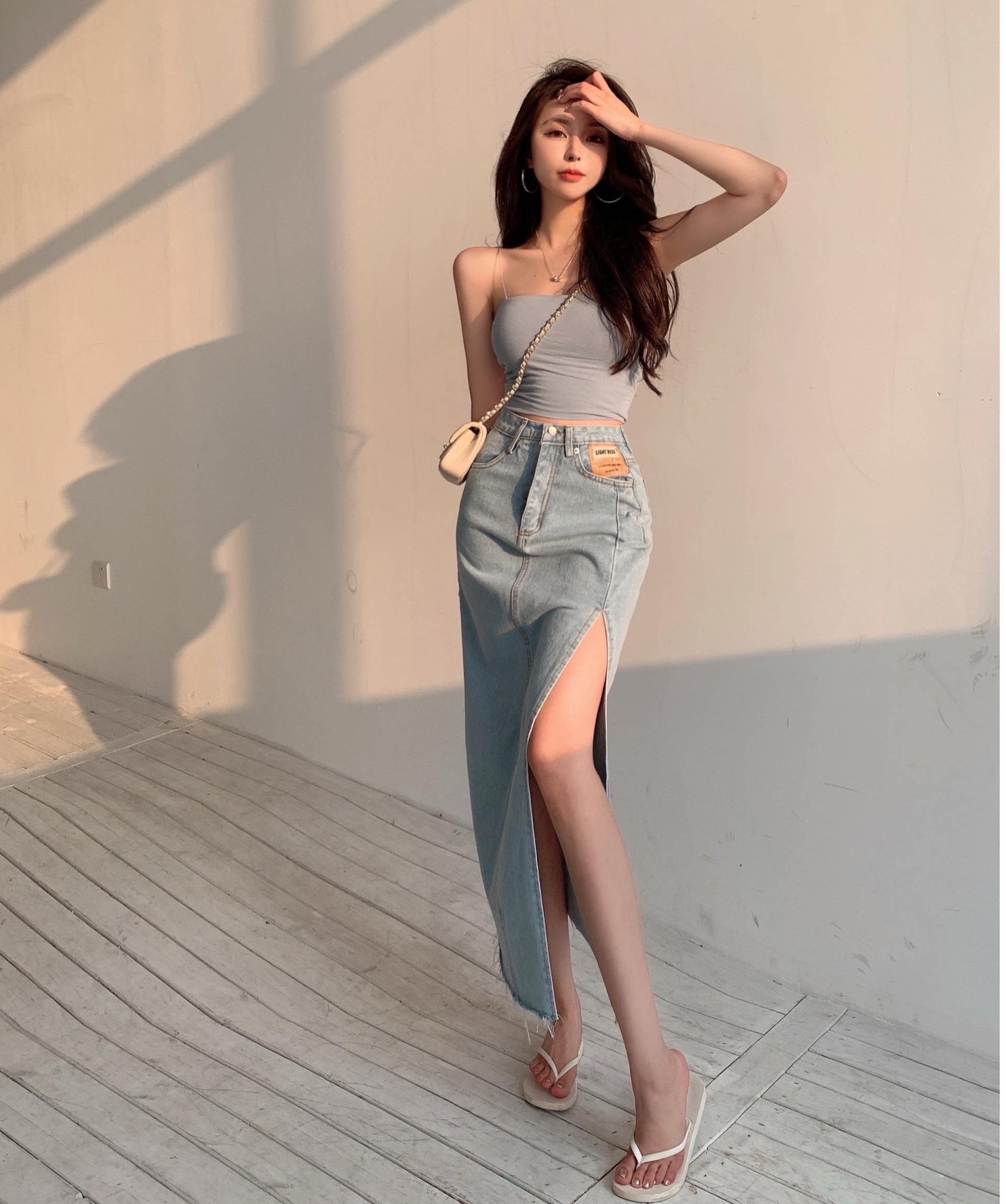 150小矮个子侧开叉牛仔半身裙女高腰a字中长包臀xs小码显高穿搭夏