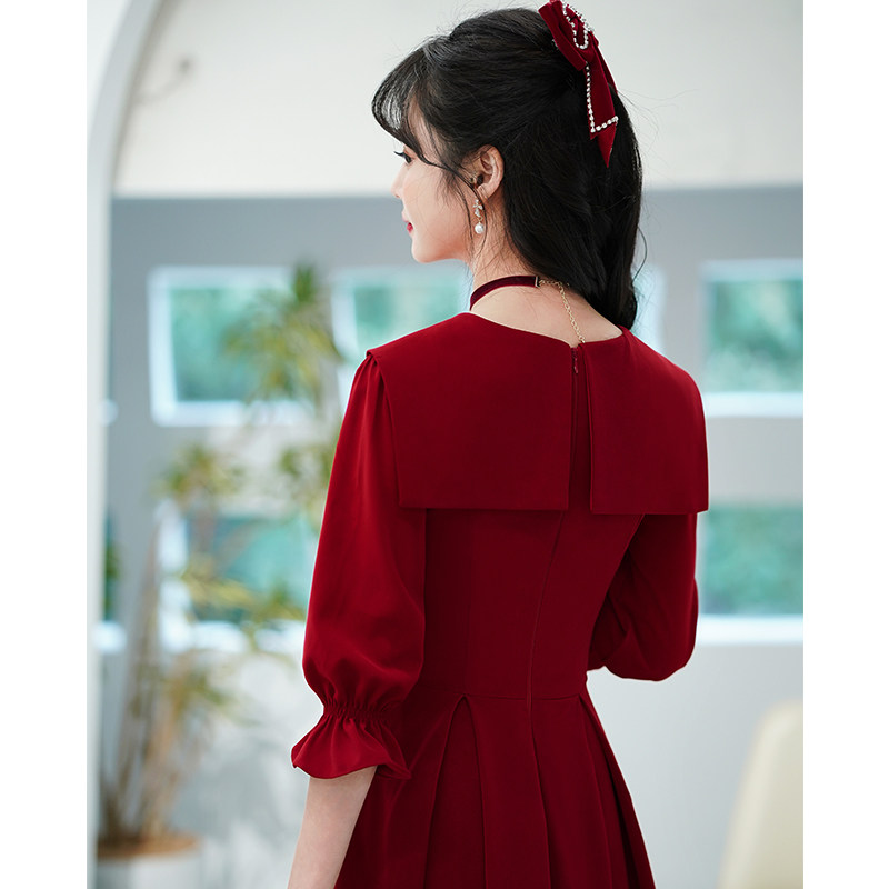 敬酒服新娘酒红色订婚礼服连衣裙小个子平时可穿高级感女v领便装
