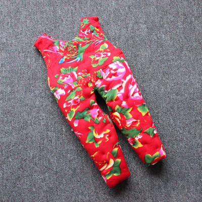 宝宝棉花手工背带棉裤纯棉花加厚儿童开裆背带裤小孩修身棉裤冬