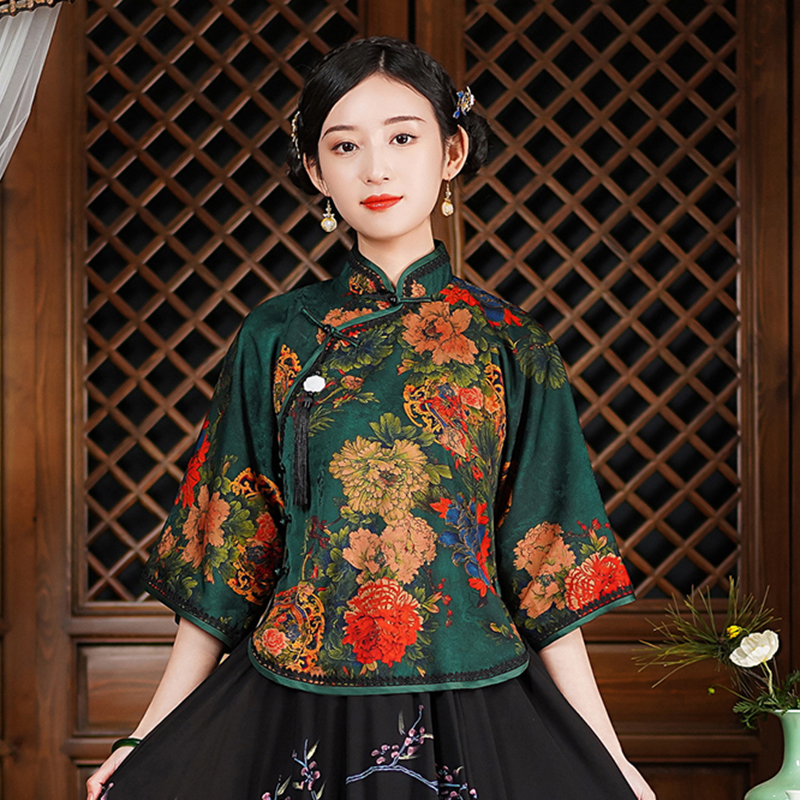中式改良倒大袖旗袍上衣民国风复古女汉服秋装唐装茶服中国风女装