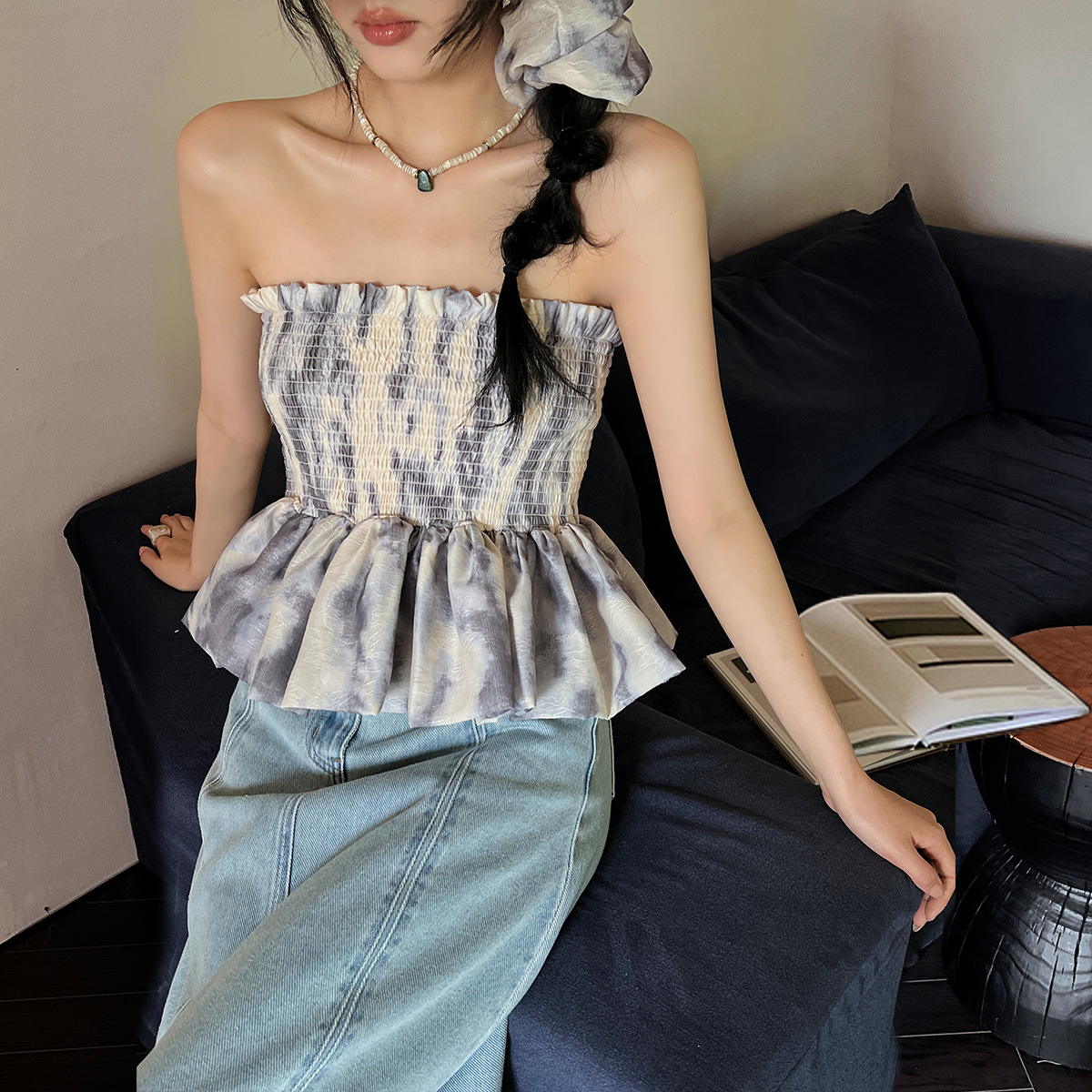 法式扎染小吊带背心女夏季褶皱设计感松紧背心抹胸辣妹别致上衣