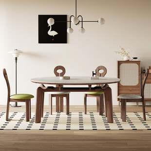 法式复古大象脚实木伸缩岩板餐桌可变圆桌小户型白蜡木实木餐桌椅