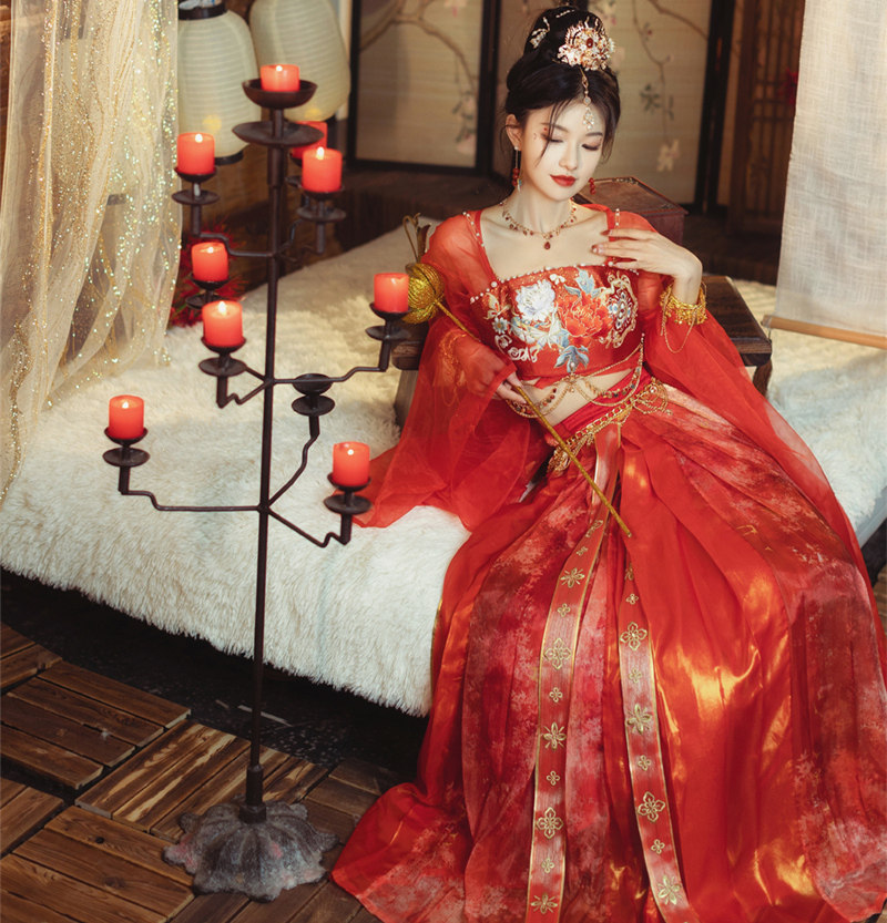 绝世舞姬坦领大袖襦异域风立裁诃子一片式齐腰裙中国风露腰飘带裙