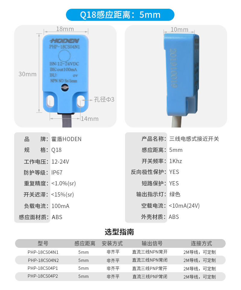 霍盾HODEN方形接近开关SC1804N1金属传感器24v三线直流npn常开PNP