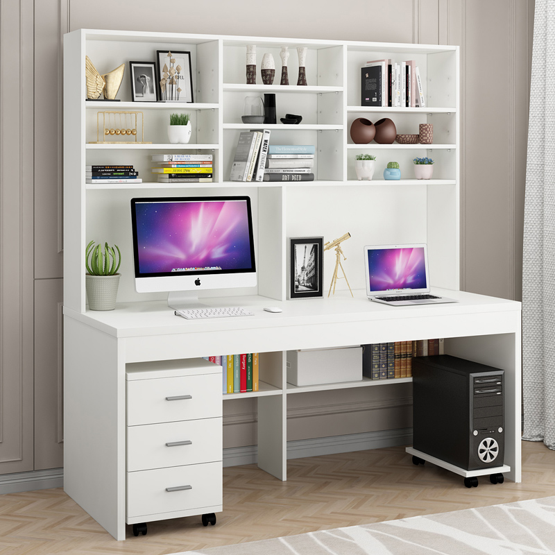 台式电脑书桌书架组合家用简约现代学生带书柜一体卧室双人写字桌