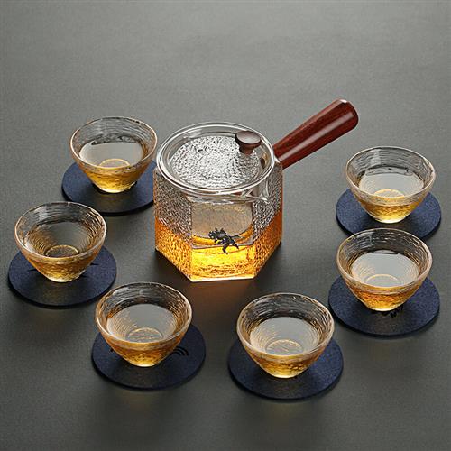 煜釜玻璃功夫茶具套装日式锤纹家用加厚大号玻璃功夫茶杯套装6