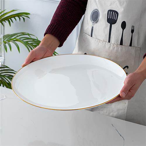 陶相惠超大骨瓷盘金边盘子碟鱼头泡饼盘子海鲜拼盘16寸浅盘酒店