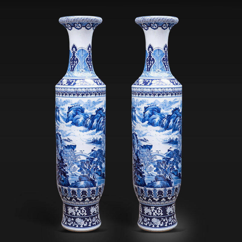 鑫国隆轩景德镇陶瓷器大花瓶青花瓷客厅摆件落地开业礼品迎客松现