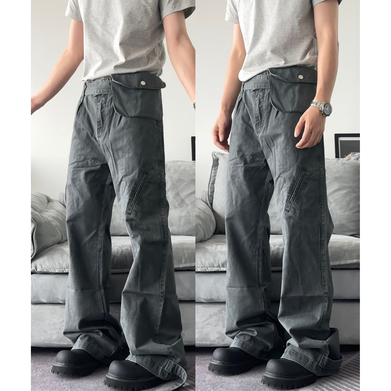 【腰包工装裤】cleanfit直筒微喇显高宽松美式复古功能工装裤休闲