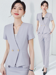 灰色短袖西装套装女夏季薄款职业装正装4S店新能源销售工作服套裙