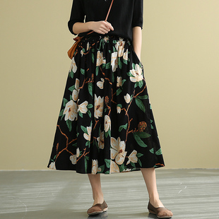 dza 棉麻半身裙花色女士宽松中长裙2021春季新款亚麻a字碎花裙子