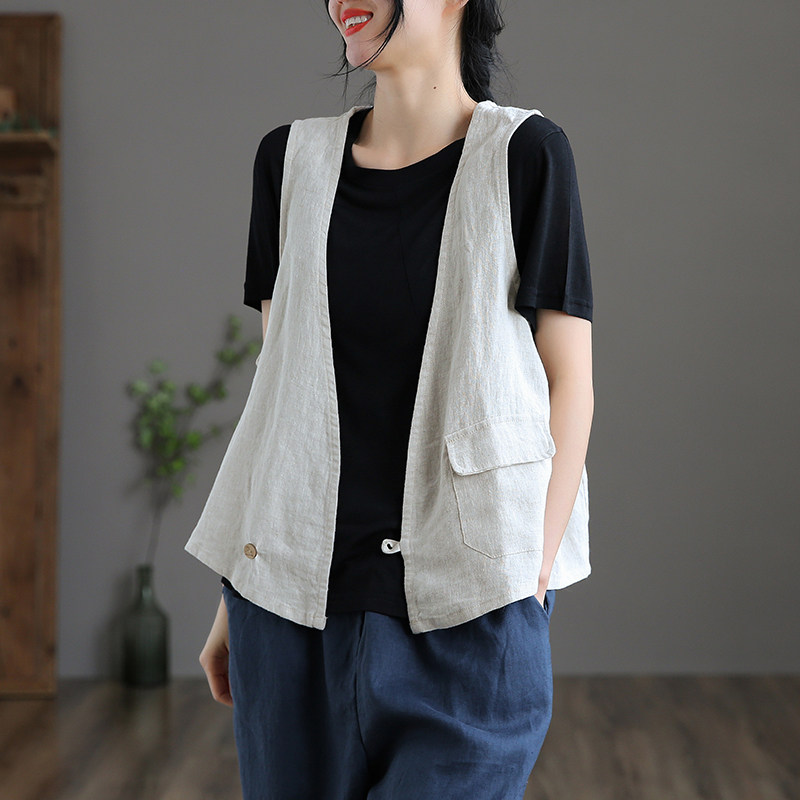 dza 棉麻上衣女士外穿搭马甲2022夏季新薄款亚麻马夹背心宽松坎肩