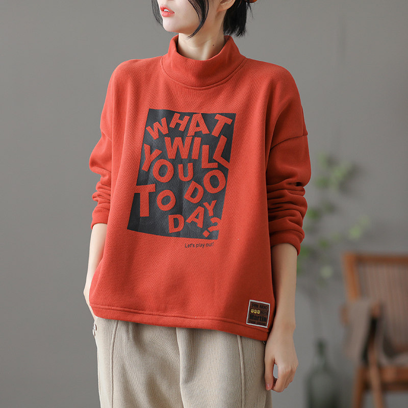 dza 复古宽松短款高领加绒卫衣女士冬季2022新款加厚百搭套头上衣