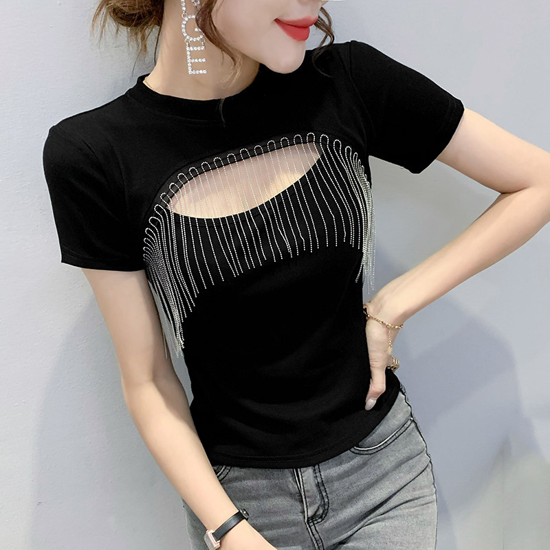 性感镂空t恤女短袖夏时尚流苏上衣洋气心机小衫高腰短款t桖半袖潮