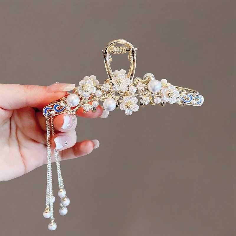 古风珍珠花朵流苏吊坠发夹优雅气质后脑勺盘发鲨鱼夹抓夹网红发饰