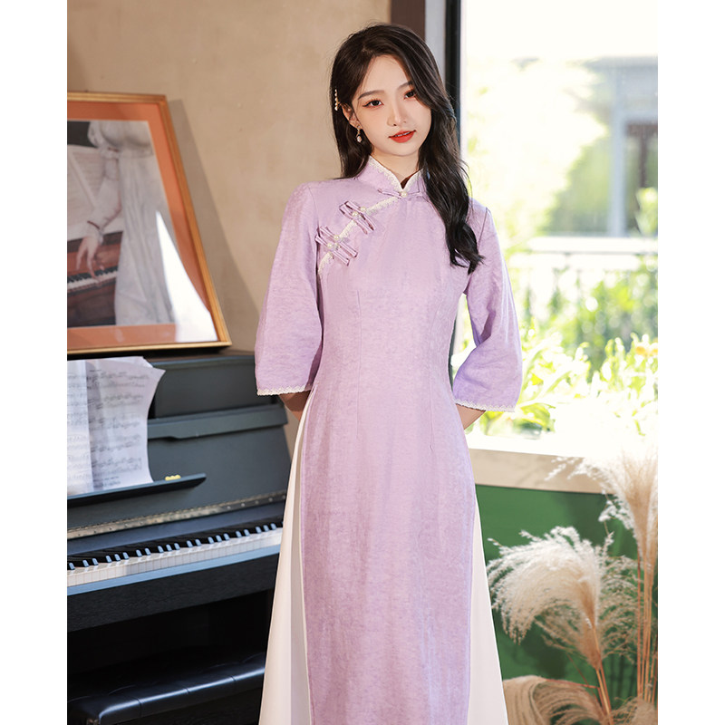 紫色奥黛旗袍2022年秋款年轻款少女气质高端日常改良版连衣裙秋季