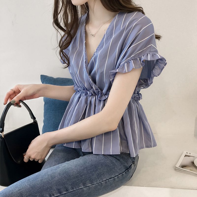 summer new pattern stripe Chiffon Primer Blouse Korean Edition V. Lotus Short sleeved clothes student Women's wear Waistin the Women's clothing/Boutique , Shirt category - from Buy2taobao.com to provide professional Taobao agent buy service