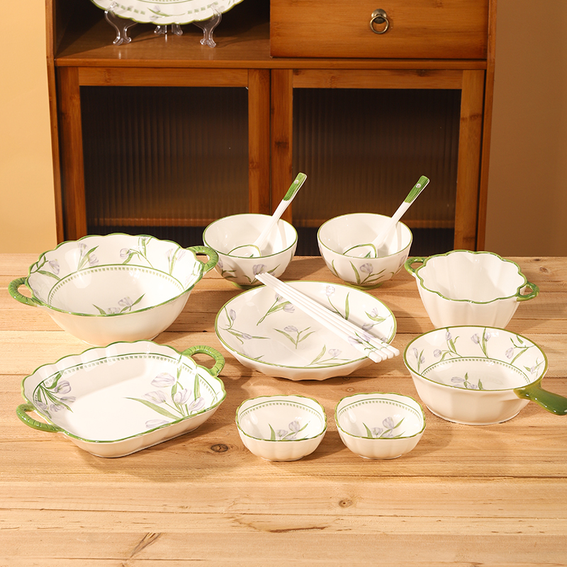 手绘日式碗碟套装家用餐具陶瓷双耳碗饭碗汤面碗盘子手柄碗水果碗